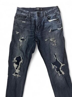 Hollister Men's Ripped Skinny Jeans in Dark Blue